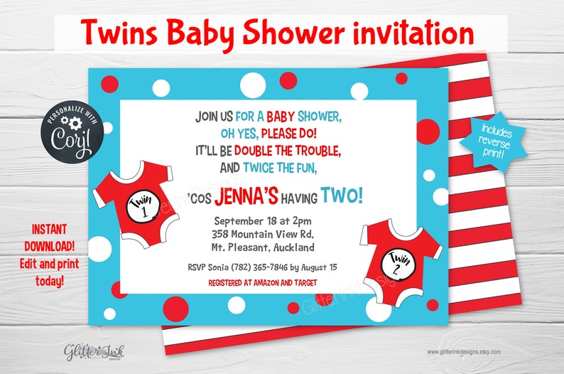May include: A blue and red baby shower invitation with white polka dots. The invitation features a red and white striped background and the text "Twins Baby Shower invitation". The invitation also features two red onesies with the text "Twin 1" and "Twin 2" on them. The invitation includes the text "'cos Jenna's having Two!" and the date and time of the shower. The invitation also includes the text "RSVP Sonia (782) 365-7846 by August 15" and "REGISTERED AT AMAZON AND TARGET".