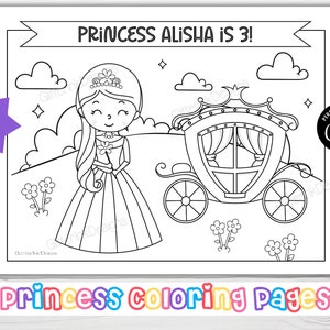 May include: A black and white printable coloring page featuring a princess in a gown and a carriage. The text "Princess Alisha is 3!" is at the top of the page.