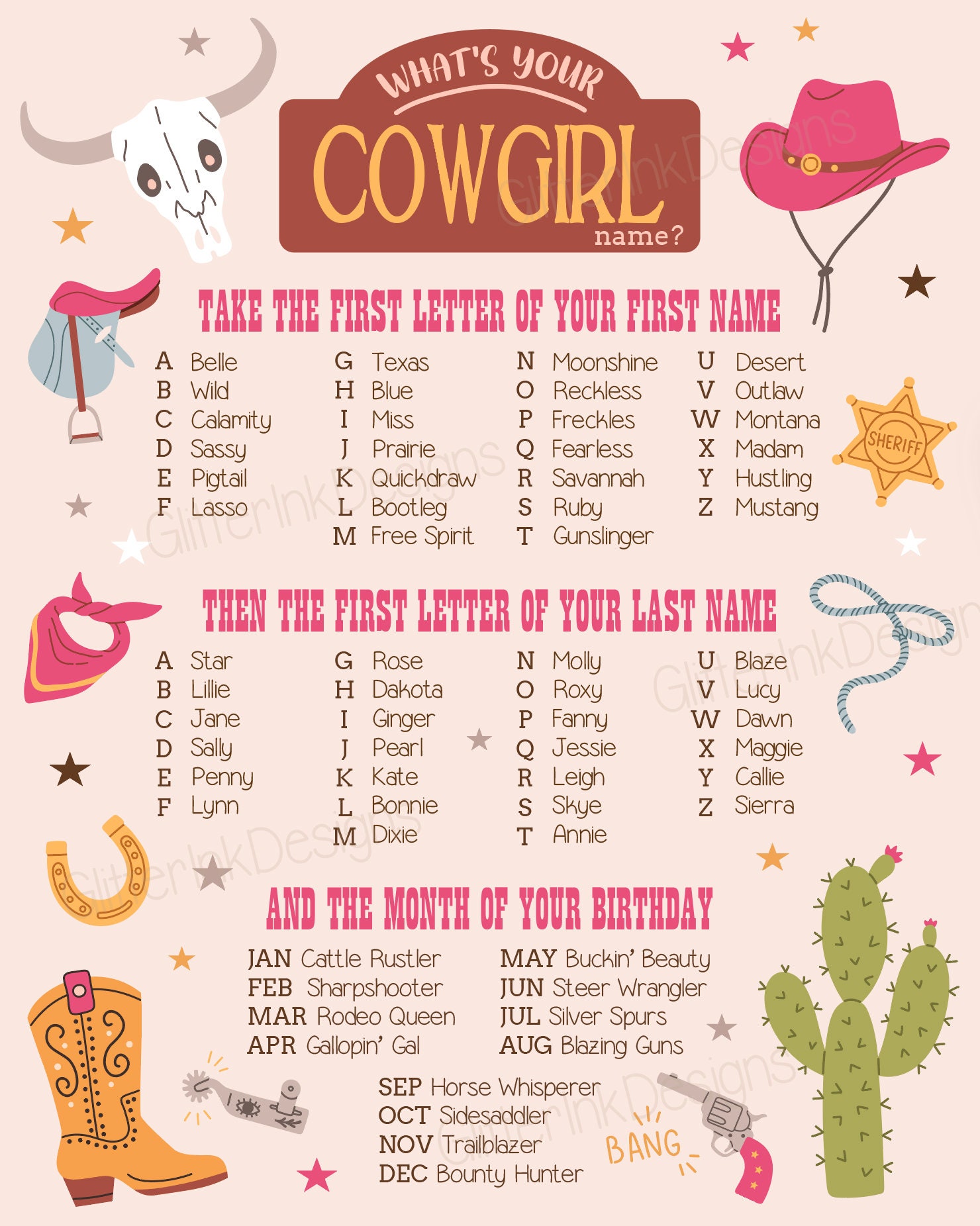 What's Your Cowgirl Name Printable Party Game, Pink Wild West Rodeo ...