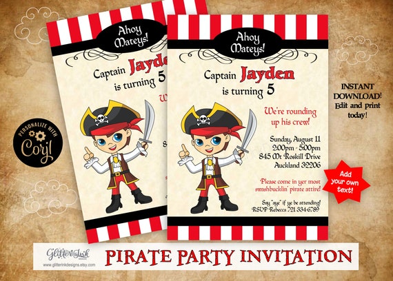 Pirate party invitation / Pirate invitation / Pirate birthday printable invitation / Pirate boy editable invitation with Corjl Il_570xn