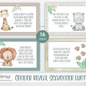 Gender reveal scavenger hunt clue cards for baby shower party games, Jungle treasure hunt printable clues image 2