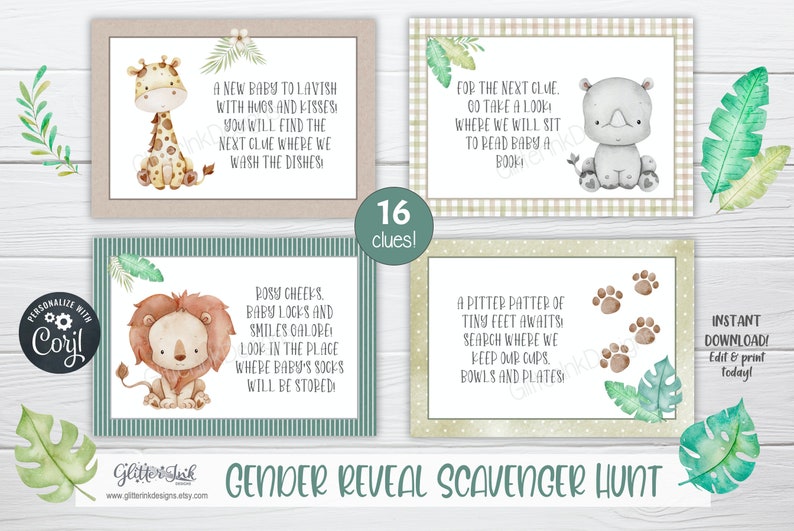 Gender reveal scavenger hunt clue cards for baby shower party games, Jungle treasure hunt printable clues image 2