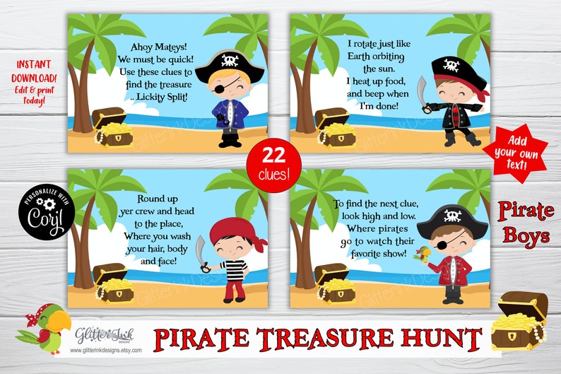 Aanwijzingen voor piratenspeurtocht voor kinderen voor kinderen / Kaarten voor piratenfeest speurtocht / Afdrukbare feestspellen piratenjongens schatkist afbeelding 3