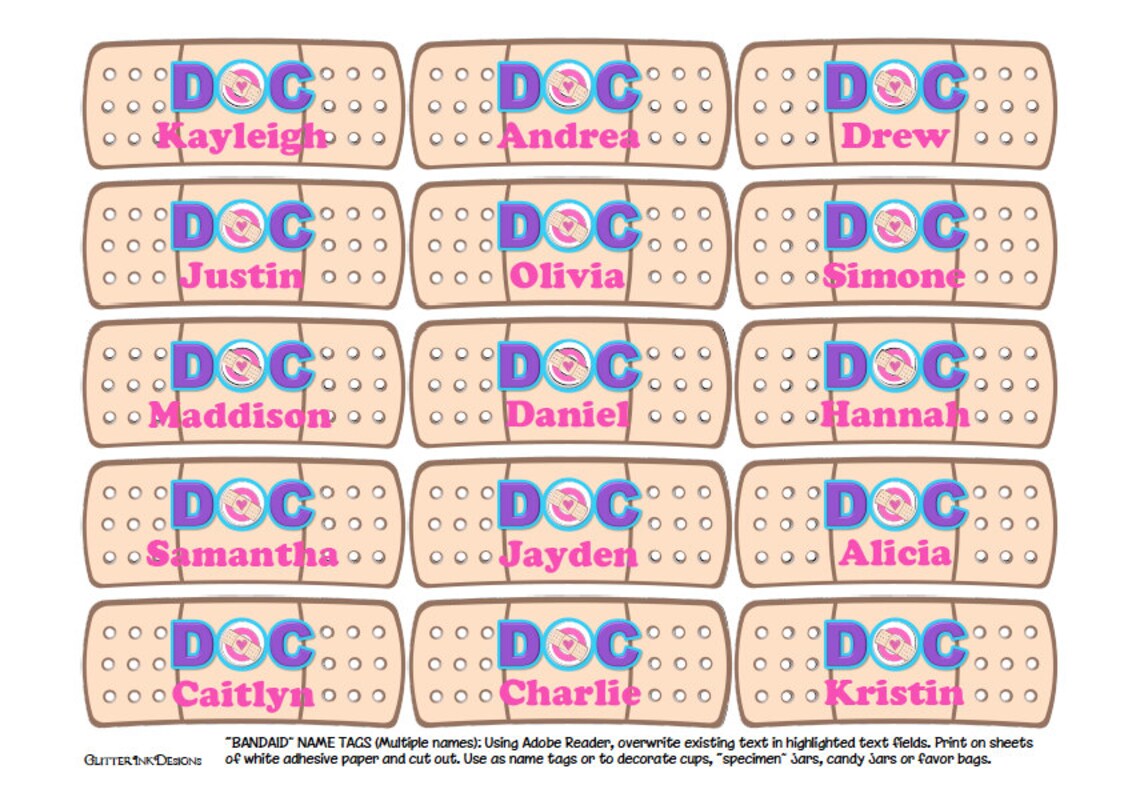 Doctor Party Favors Printable Bandaids / Editable Bandage Name | Etsy