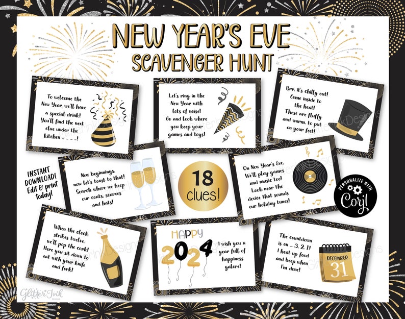 2024 New Years Eve scavenger hunt for kids / New Year's Eve party games / New Year treasure hunt clues printable / nye games for kids adults image 2