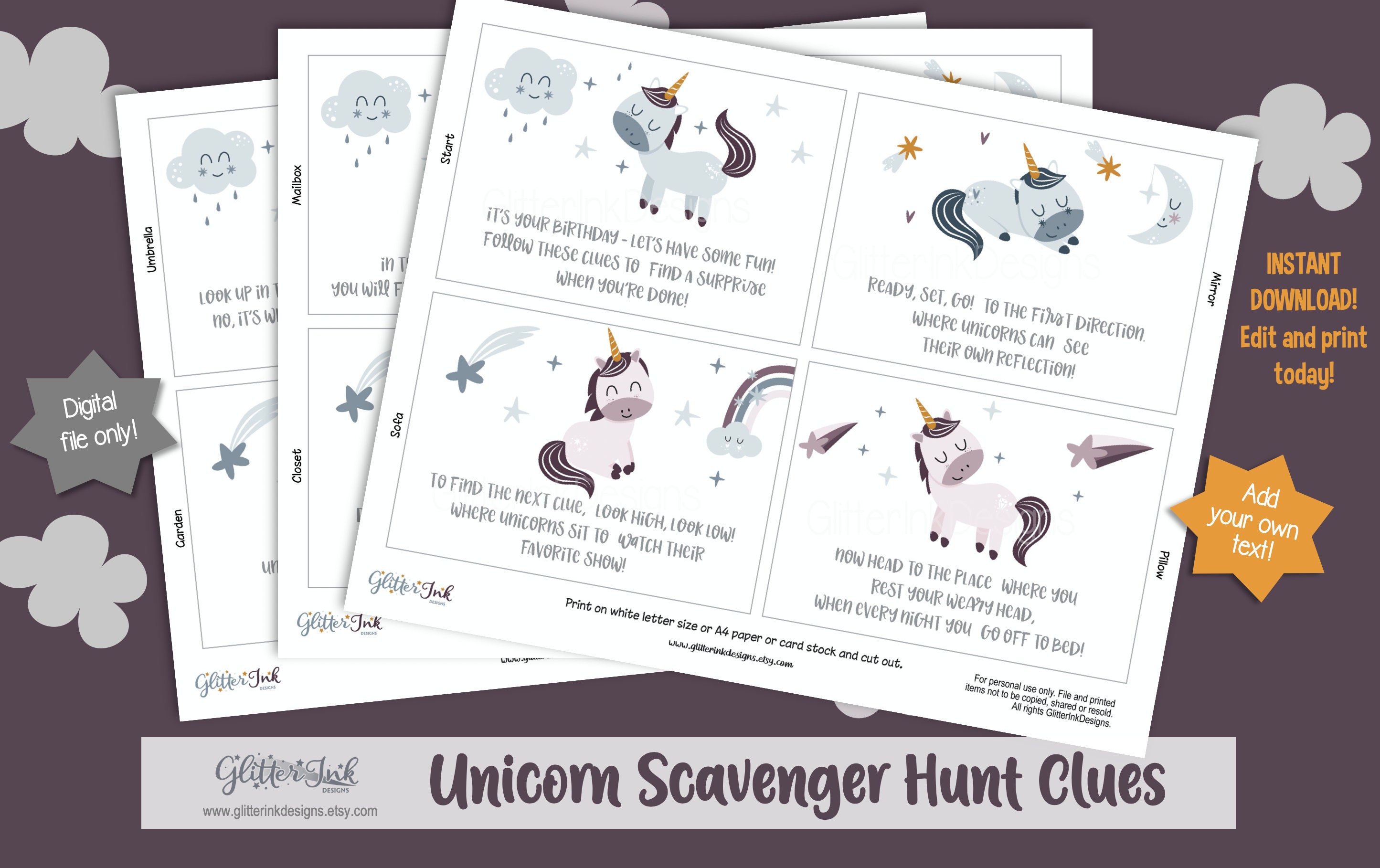 unicorn scavenger hunt clue cards unicorn birthday scavenger etsy