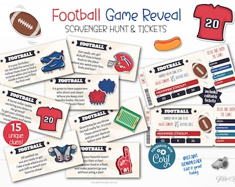American football scavenger hunt & printable tickets, Editable treasure hunt clues for kids party games, Birthday gift surprise