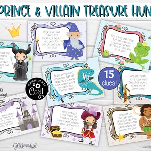 K&ouml;nnte beinhalten: Ein Satz von 15 druckbaren Karten f&uuml;r eine Prinzen- und Schurken-Schnitzeljagd. Die Karten zeigen Illustrationen von Charakteren wie Maleficent, einem Zauberer, einem Frosch, einem Drachen, einem Prinzen, einem Piraten und Maui. Jede Karte enth&auml;lt einen Hinweis, der darauf geschrieben steht, wie zum Beispiel: "K&uuml;ss einen Frosch und er k&ouml;nnte sich in einen Prinzen verwandeln! Ich habe zwei R&auml;der und liebe es, dich mitzunehmen!"