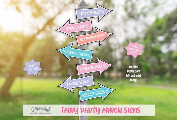 Fairy party arrow signs - enchanted garden woodland fairies photo booth props - fairy party decor - EDIT & DOWNLOAD with Corjl Il_570xn