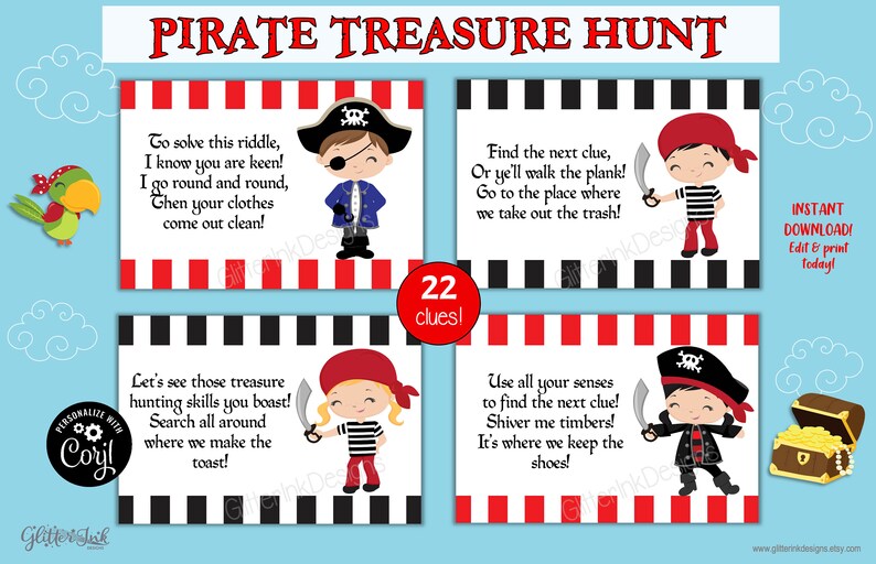 Peut inclure: Un jeu de chasse au tr&eacute;sor pirate imprimable avec 22 indices. Les indices sont &eacute;crits sur des cartes avec un fond ray&eacute; rouge et noir. Chaque carte repr&eacute;sente un pirate de dessin anim&eacute; tenant une &eacute;p&eacute;e. Le texte sur les cartes comprend des &eacute;nigmes et des instructions pour le jeu. Le jeu est parfait pour une f&ecirc;te sur le th&egrave;me des pirates.