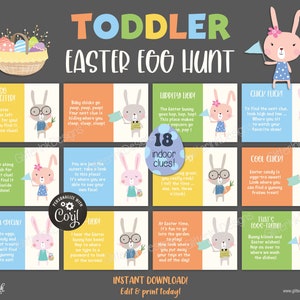 Búsqueda del tesoro de Pascua en interiores para niños pequeños / Pistas de búsqueda de huevos de Pascua imprimibles / Pistas de búsqueda del tesoro para niños editables / Juegos de fiesta de conejitos de Pascua