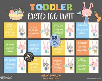 Indoor Easter scavenger hunt for toddlers / Printable Easter egg hunt clues / Editable kids treasure hunt clues / Easter bunny party games