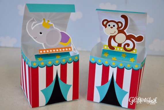 Circus carnival Jack in the Box pop up favor box animal zoo pdf printable toy w/ monkey, elephant for birthday or baby shower Il_570xn