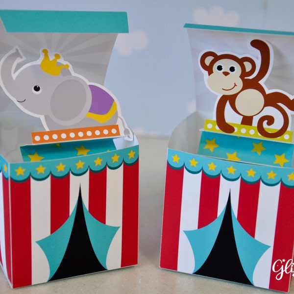 Circus carnival Jack in the Box pop up favor box animal zoo pdf printable toy w/ monkey, elephant for birthday or baby shower