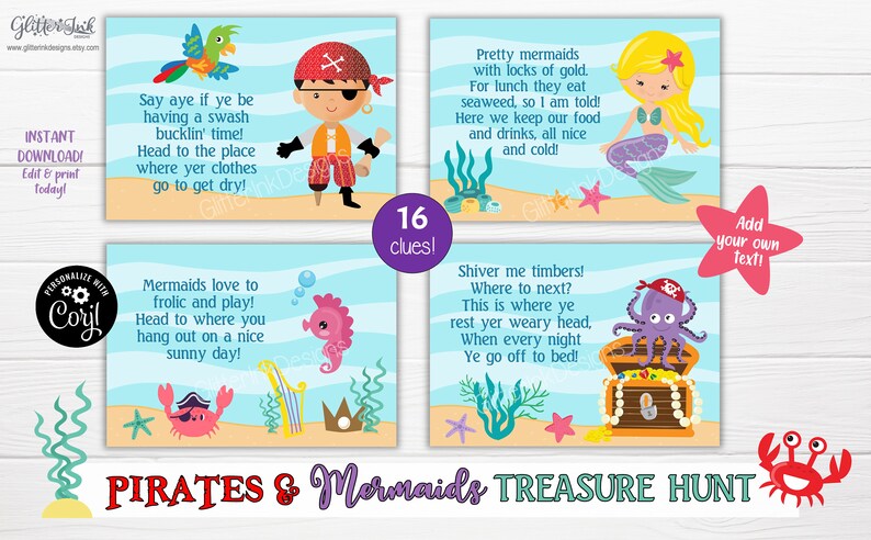 Mermaid and pirate treasure hunt / Mermaid party scavenger hunt clue cards / Pirate party treasure chest hunt clues / Party games for kids image 7