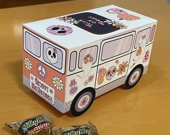 Groovy Halloween bus printable candy box, Trick or Treat spooky hippy van party favors and centerpiece decoration - digital download