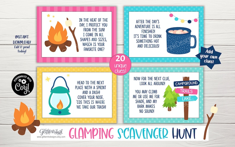 Glamping party scavenger hunt / Camping printables outdoor activities kids treasure hunt clues, Backyard campout birthday party camping game image 5