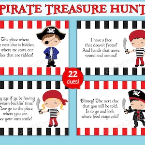 Peut inclure: Un jeu de chasse au tr&eacute;sor pirate imprimable avec 22 indices. Chaque indice pr&eacute;sente un personnage de pirate de dessin anim&eacute; et une devinette rimante. Le jeu est parfait pour une f&ecirc;te ou un &eacute;v&eacute;nement sur le th&egrave;me des pirates.