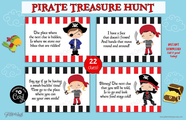 Peut inclure: Un jeu de chasse au tr&eacute;sor pirate imprimable avec 22 indices. Chaque indice pr&eacute;sente un personnage de pirate de dessin anim&eacute; et une devinette rimante. Le jeu est parfait pour une f&ecirc;te ou un &eacute;v&eacute;nement sur le th&egrave;me des pirates.