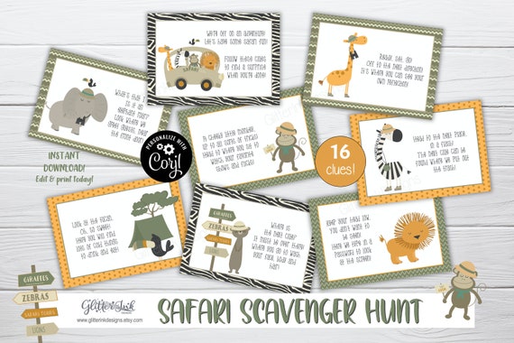 Safari scavenger hunt clue cards / Jungle treasure hunt clues / jungle safari party games / Jungle baby shower scavenger hunt Il_570xn