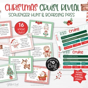 Une croisière surprise de Noël révèle une chasse au trésor et une carte d'embarquement, des indices de chasse au trésor imprimables pour les enfants avec des billets de vacances Secret Santa