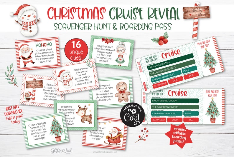 K&ouml;nnte beinhalten: Ein druckbarer Weihnachts-Kreuzfahrt-Schnitzeljagd- und Boarding-Pass. Der Druckbogen ist in Gr&uuml;n- und Rott&ouml;nen gehalten und zeigt Illustrationen von einem Schneemann, einem Lebkuchenmann, einem Rentier und Weihnachtsb&auml;umen. Der Text "HOHOHO" ist auf einer der Karten zu sehen. Der Text "Christmas Cruise Reveal" ist oben auf dem Druckbogen zu sehen. Der Text "Scavenger Hunt & Boarding Pass" ist unter dem Titel zu sehen. Der Text "16 einzigartige Hinweise!" ist in einem Kreis auf dem Druckbogen zu sehen. Der Text "Enth&auml;lt bearbeitbare Boarding-P&auml;sse!" ist auf dem Druckbogen zu sehen.