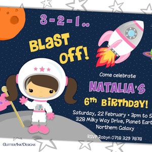Outer space party printable invitation / Girl astronaut birthday invitation / Spaceship invitation / Galaxy party rocket invitation