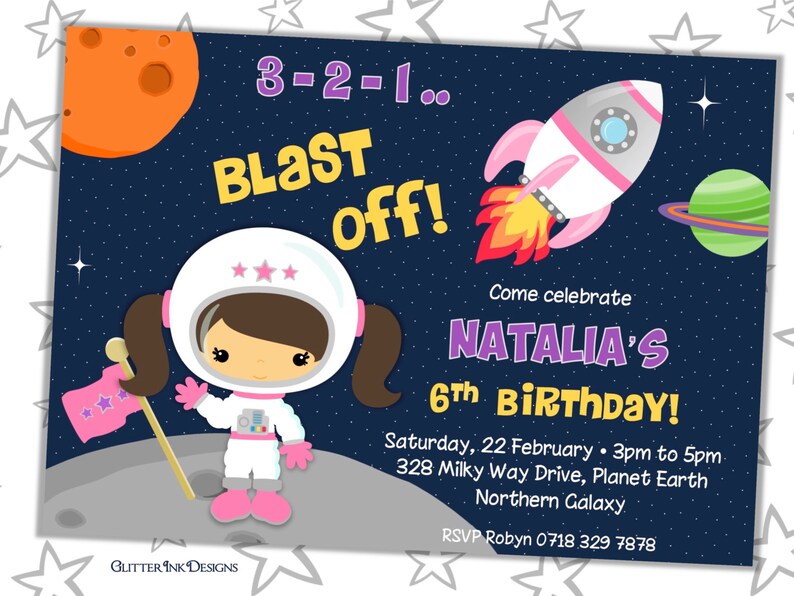 May include: An invitation with a space theme. It features a cartoon astronaut, a rocket, and planets against a starry background. Text includes "BLAST OFF!" and details for a 6th birthday party.