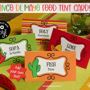 Tarjetas de carpa con comida para el Cinco de Mayo / Tarjetas para mesa de buffet de fiesta mexicana / Imprimibles para fiestas mexicanas / Etiquetas para comida mexicana