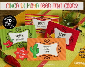 Cinco de Mayo food tent cards / Mexican fiesta buffet table cards / Mexican party printables / Mexican food labels
