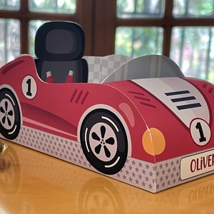 Race car party favors snack box, Fast one birthday treat boxes printable papercraft, Racing driver paper toy centerpiece decoration