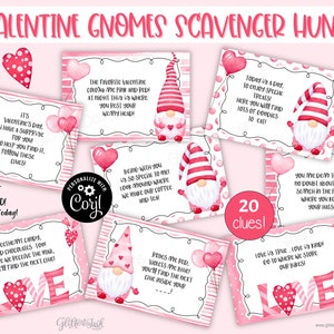 Tarjetas con pistas para la búsqueda del tesoro de San Valentín / Pistas para la búsqueda del tesoro de San Valentín / Gnomos de San Valentín / Juegos de San Valentín