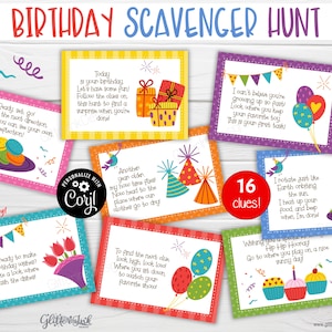 May include: A set of 16 colorful printable cards for a birthday scavenger hunt. The cards feature illustrations of birthday-themed items like presents, balloons, cupcakes, and a cake. Each card has a rhyming clue to help find the next clue. The text on the cards reads "Birthday Scavenger Hunt", "16 clues", "Personalize with Coryl", and "Glitter Jisk".