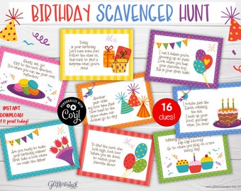 Birthday party scavenger hunt printable clue cards, Indoor outdoor party games treasure hunt clues for kids, Edit and download with Corjl