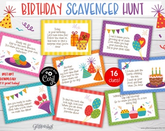 Birthday scavenger hunt clue cards / Birthday party treasure hunt clues for kids / Indoor outdoor printable party games edit with Corjl