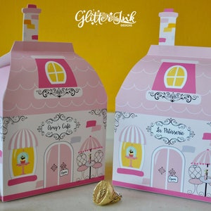 Paris theme party printable favor box, Bakery birthday party favors treat boxes, DIY Patisserie cafe template with Eiffel Tower pink poodle
