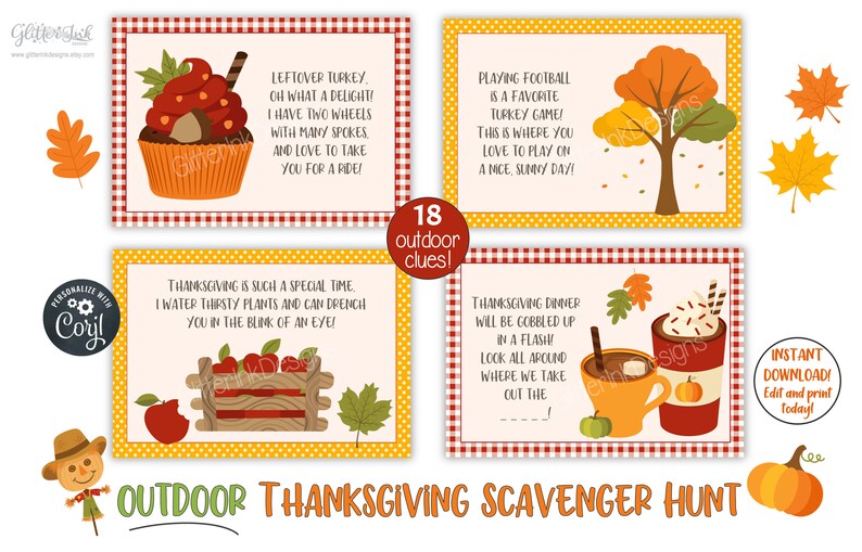 Outdoor Thanksgiving Scavenger Hunt Clue Cards, Printable Turkey Hunt