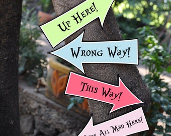 Alice in Wonderland Mad Hatter Tea Party printable arrow signs, This way that way photo booth props, Vintage tea party decor download
