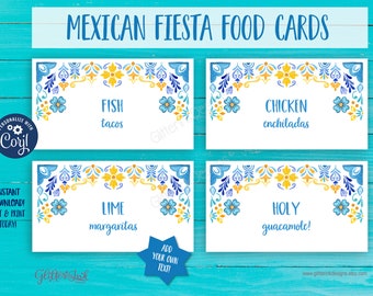 Mexican fiesta food tent cards / Cinco de mayo decorations / Mexican theme party fiesta bridal shower / Mexican tile printable name cards