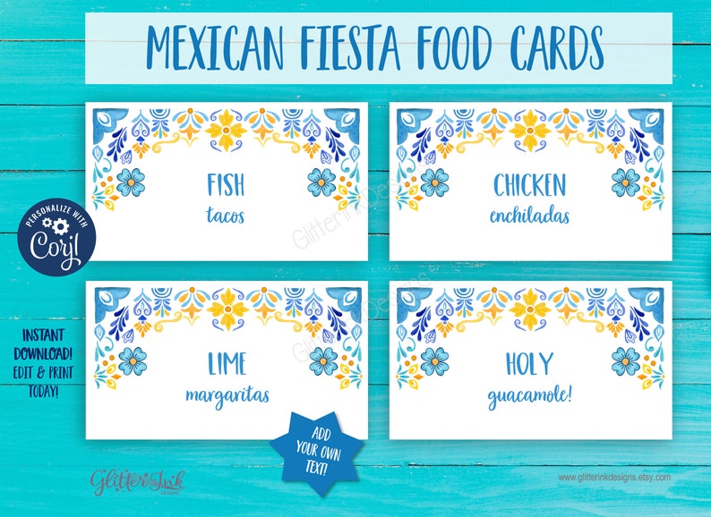 Mexican fiesta food tent cards / Cinco de mayo decorations / Mexican theme party fiesta bridal shower / Mexican tile printable name cards image 1