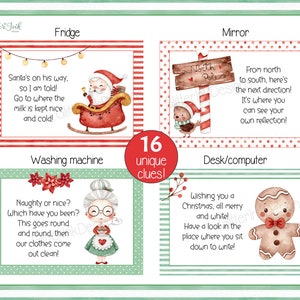 K&ouml;nnte beinhalten: Ein Satz von 16 Weihnachts-Hinweis-Karten mit Illustrationen von Weihnachtsmann, Lebkuchenmann, Vogel und Frau. Jede Karte zeigt einen anderen Ort in einem Haus, wie K&uuml;hlschrank, Spiegel, Waschmaschine und Schreibtisch/Computer. Die Karten sind auf wei&szlig;em Papier mit roten und gr&uuml;nen R&auml;ndern gedruckt.