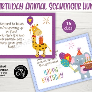 May include: Purple and blue printable cards with a giraffe and elephant illustration. The cards have text that says "It's hard to believe you're growing up so fast!" and "Look where you keep your favourite toy - this is your first task!" and "Happy Birthday". The cards are part of a birthday animal scavenger hunt with 16 clues.
