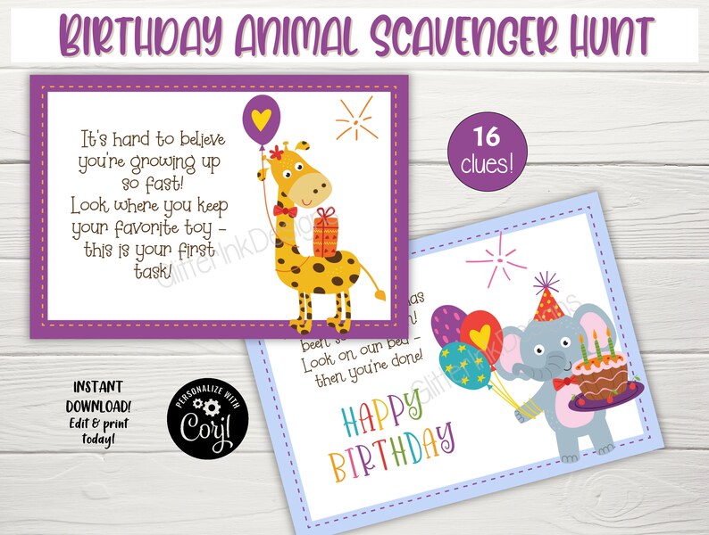 May include: Purple and blue printable cards with a giraffe and elephant illustration. The cards have text that says "It's hard to believe you're growing up so fast!" and "Look where you keep your favourite toy - this is your first task!" and "Happy Birthday". The cards are part of a birthday animal scavenger hunt with 16 clues.