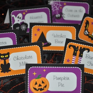 Halloween Party printable food tent cards and candy jar labels, Spooky trick or treat editable favor bag toppers & buffet table place cards