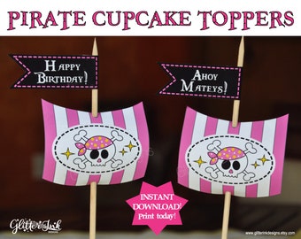 Pirate Party cupcake toppers / pirate ship sails / Pirate cupcake wrappers / candy bar labels / pink pirate party decorations / pirate flags