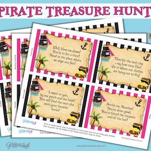 May include: Printable pirate treasure hunt game with 20 clues. Each clue is printed on a parchment-style card with a pink and black striped background. The cards feature a pirate ship, a treasure chest, and a palm tree.
