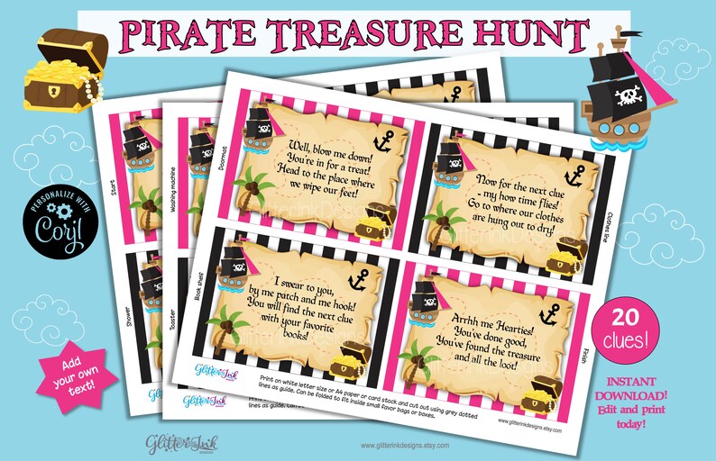May include: Printable pirate treasure hunt game with 20 clues. Each clue is printed on a parchment-style card with a pink and black striped background. The cards feature a pirate ship, a treasure chest, and a palm tree.