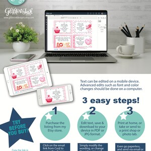 May include: A pink and white digital design template for printable Valentine's Day cards. The design features a cupcake, a donut, and the word "LOVE". The text "EDIT, DOWNLOAD AND PRINT TODAY" is displayed at the top of the image. The text "TRY BEFORE YOU BUY!" is displayed in a blue star shape. The text "3 easy steps!" is displayed in a blue star shape. The text "File can be edited with Corjl on-line application only! NOT COMPATIBLE WITH VISTA PRINT." is displayed at the bottom of the image. The text "FOR PERSONAL USE ONLY - it is strictly prohibited to copy, share or sell the file, the design elements or printed items." is displayed at the bottom of the image.