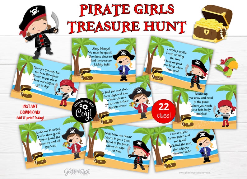 May include: A set of 22 printable pirate-themed treasure hunt clues featuring cartoon pirate girls. Each clue is illustrated with a pirate girl and a treasure chest on a beach background. The text on the clues includes phrases like "Ahoy Mateys!" and "Lickity Split!"