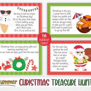 Pu&ograve; includere: Un set di 16 carte colorate per la caccia al tesoro di Natale con illustrazioni di un pupazzo di neve, un granchio, una ghirlanda, una canna di zucchero, una stella marina, una bicicletta, un uomo di pan di zenzero e Babbo Natale. Le carte hanno il testo "Summer Christmas Treasure Hunt" e "16 indizi all'aperto!"